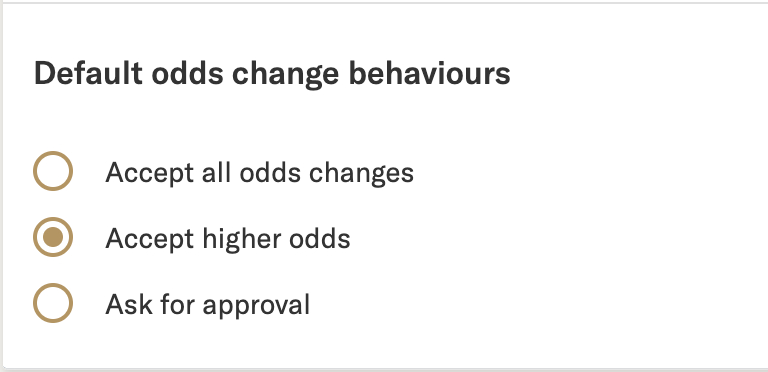 Odds change options, including accept all odds changes, shown in BetMGM's account settings